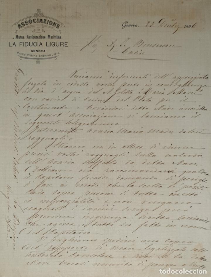 Lettres commerciales: Carta comercial. Associazione La Fiducia Ligure. Mutua Assicurazione Marittima. Genova 1896