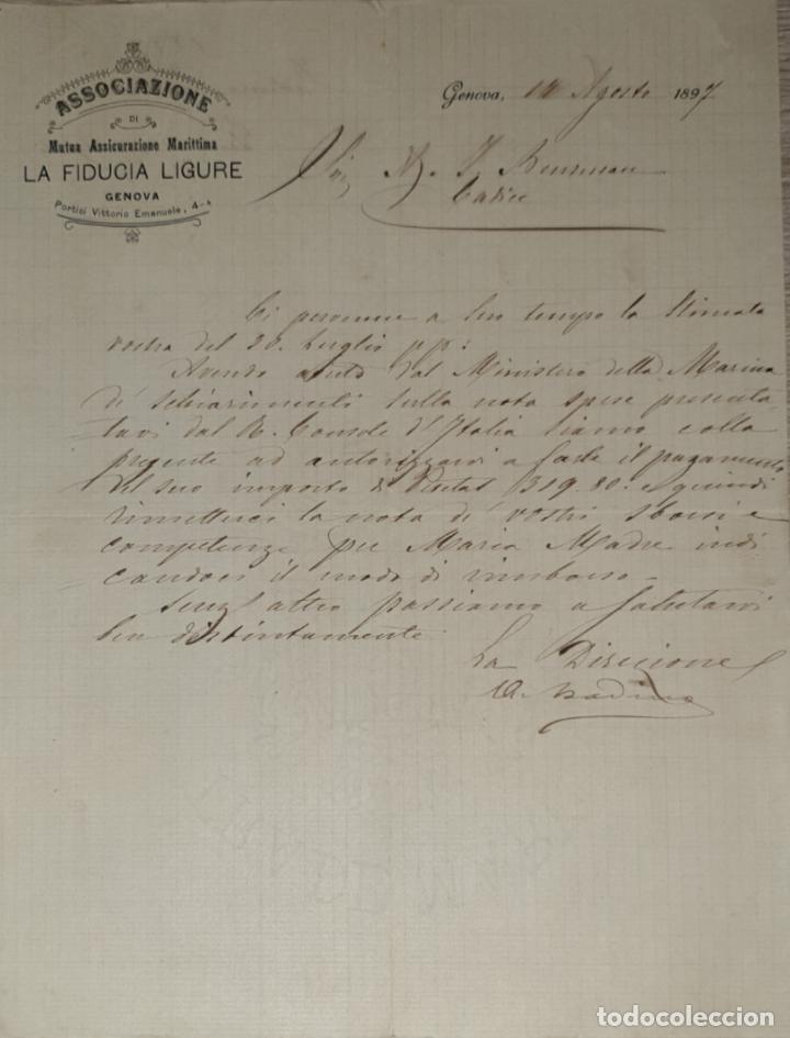 Lettres commerciales: Carta comercial. Associazione La Fiducia Ligure. Mutua Assicurazione Marittima. Genova 1897