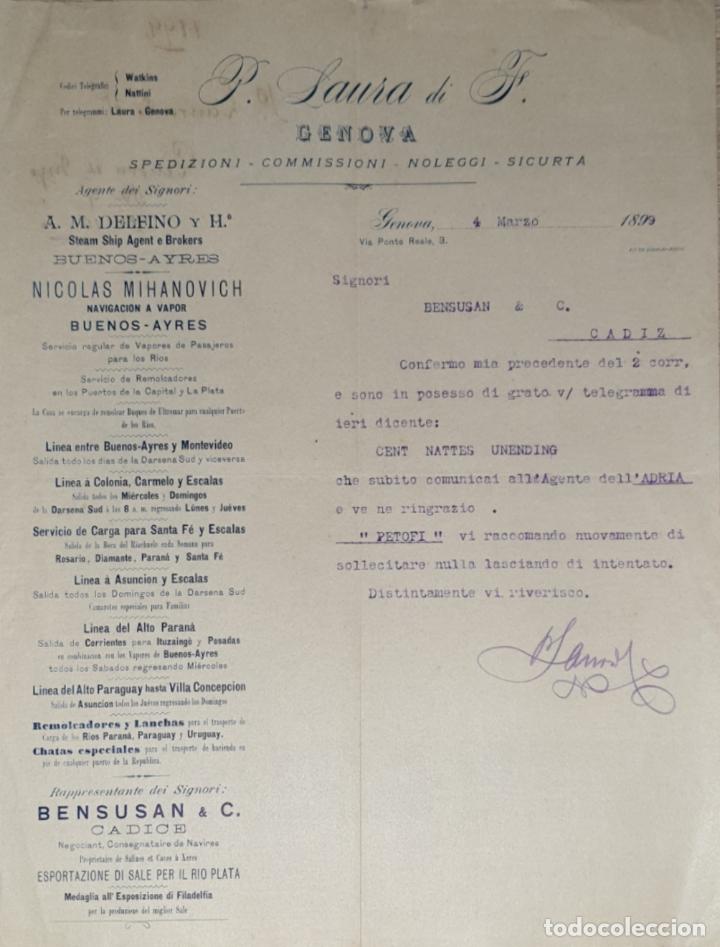 Lettres commerciales: Carta comercial. P. Laura di F. Commissioni-Spedizioni-Sicurta. Genova 1899