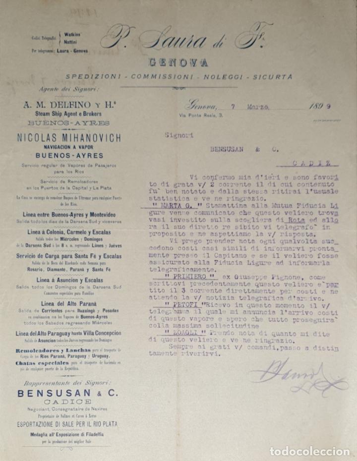 Lettres commerciales: Carta comercial. P. Laura di F. Commissioni-Spedizioni-Sicurta. Genova 1899