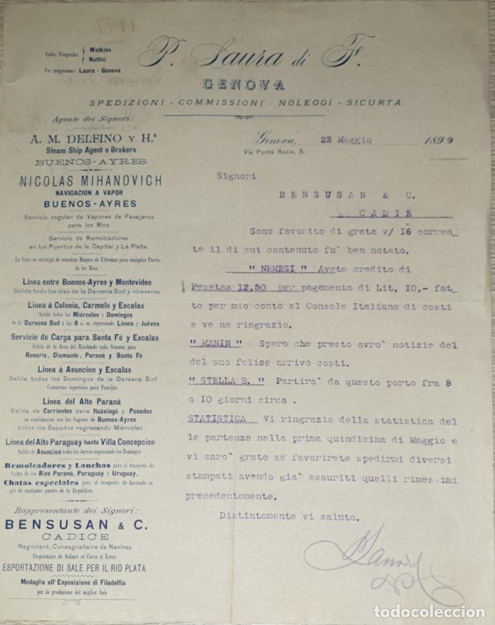 Lettres commerciales: Carta comercial. P. Laura di F. Commissioni-Spedizioni-Sicurta. Genova 1899