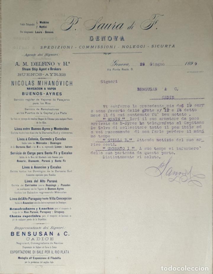 Lettres commerciales: Carta comercial. P. Laura di F. Commissioni-Spedizioni-Sicurta. Genova 1899