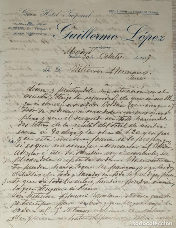 Lettres commerciales: Carta comercial. Guillermo L&oacute;pez. Gran Hotel Imperial. Madrid 1915