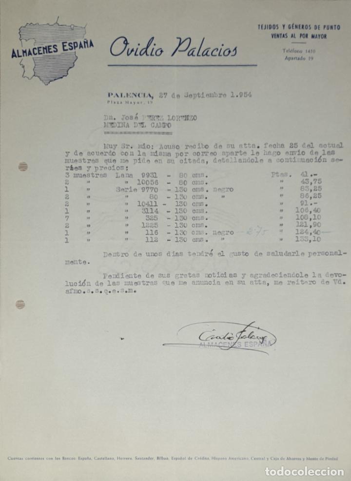Cartas comerciales: Carta comercial. Ovidio Palacios. Almacenes Espa&ntilde;a. Palencia 1954