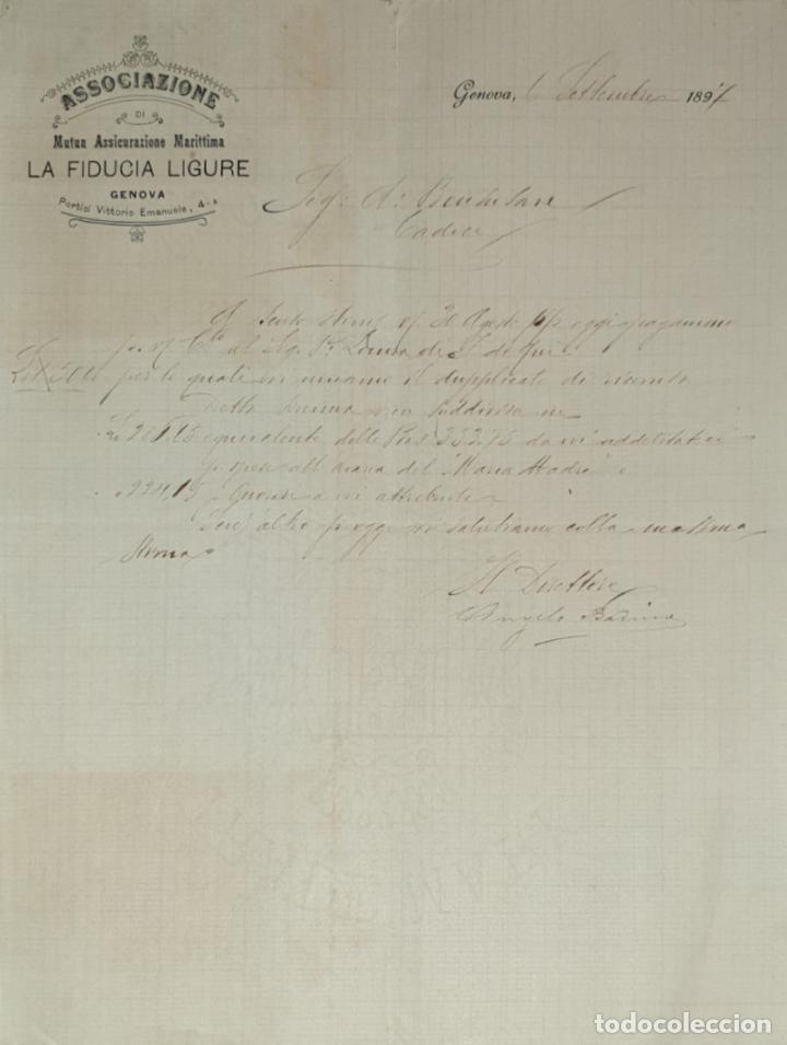 Gesch&auml;ftsbriefe: Carta comercial.Associazione di La Fiducia Ligure.Mutua Assicurazione Marittima. Genova 1897