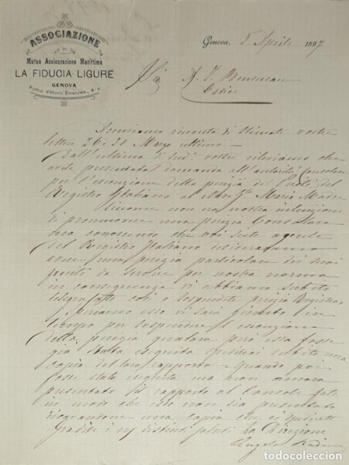 Gesch&auml;ftsbriefe: Carta comercial.Associazione di La Fiducia Ligure.Mutua Assicurazione Marittima. Genova 1897