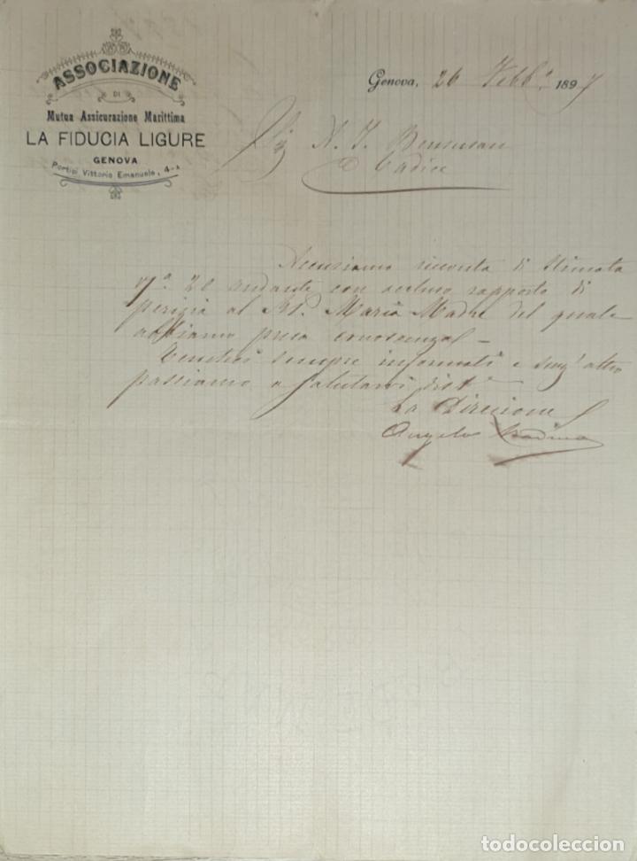 Gesch&auml;ftsbriefe: Carta comercial.Associazione di La Fiducia Ligure. Mutua Assicurazione Marittima. Genova 1897