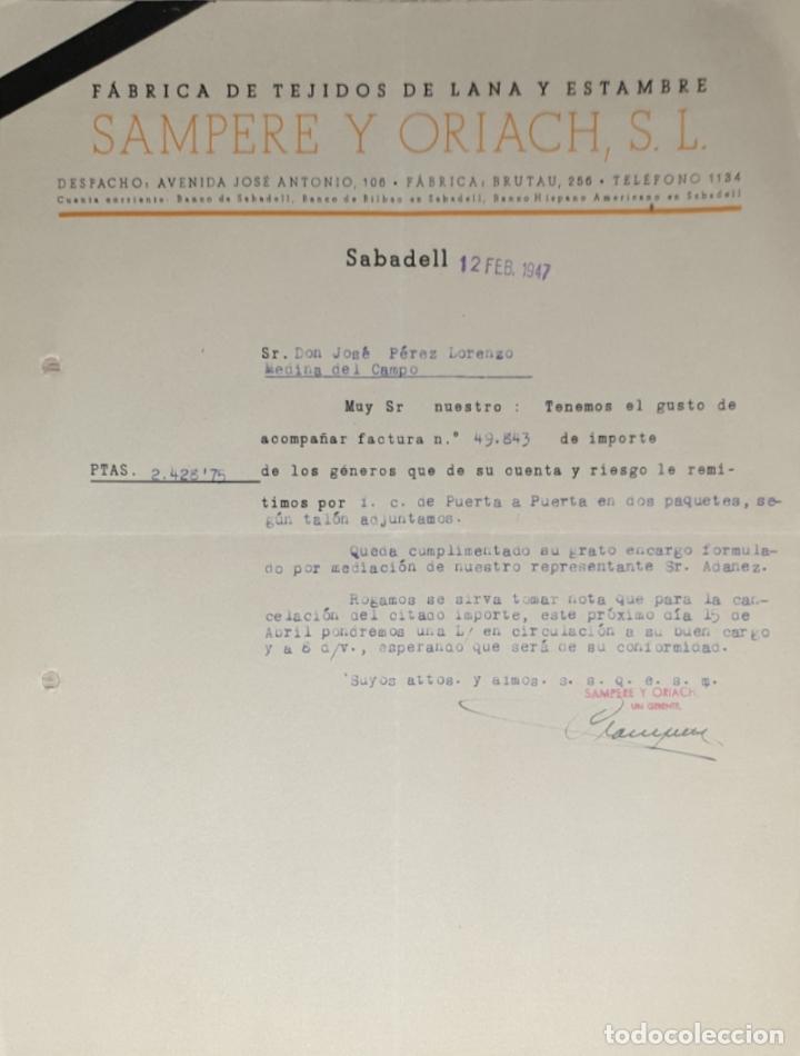Gesch&auml;ftsbriefe: Carta comercial. Sampere y Oriach, S. L. F&aacute;brica de tejidos de lana y estambre. Sabadell 1947