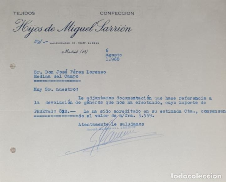 Gesch&auml;ftsbriefe: Carta comercial. Hijos de Miguel Sarri&oacute;n. Tejidos. Confecci&oacute;n. Madrid 1960