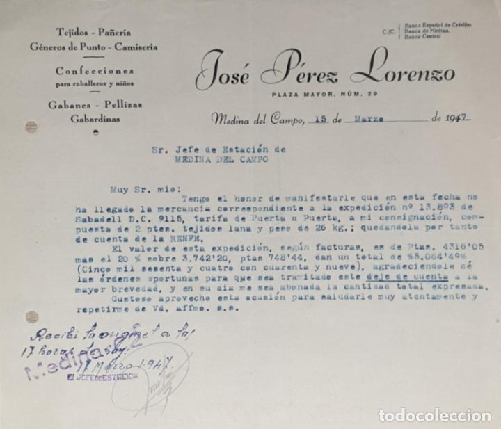 Gesch&auml;ftsbriefe: Carta comercial. Jos&eacute; P&eacute;rez Lorenzo. Tejidos-Pa&ntilde;er&iacute;a-Camiser&iacute;a-G&eacute;neros punto. Medina del Campo 1947