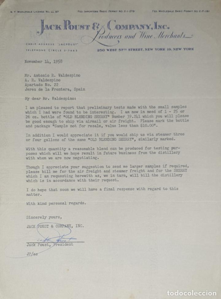 Lettres commerciales: Carta comercial. Jack Poust & Company Inc. Producers and Wine Merchants. New York 1958
