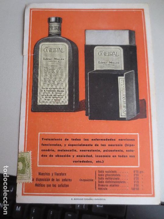 Lettres commerciales: oneiral. lopez y millan farmaceuticos zaragoza. dirigida a bilbao. publicidad tarjeta postal