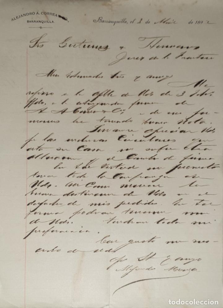 Lettres commerciales: Carta comercial. Alejandro A. Correa. Barranquilla 1892