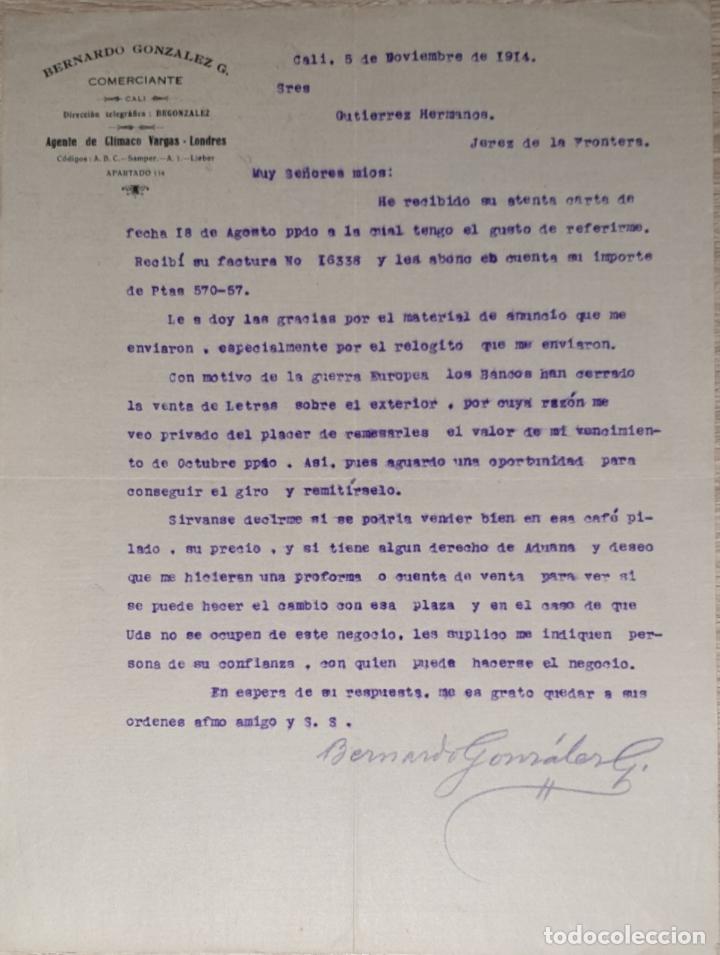 Lettres commerciales: Carta comercial. Bernardo Gonzalez G. Comerciante. Cali 1914