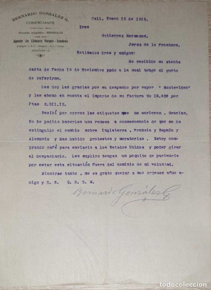 Lettres commerciales: Carta comercial. Bernardo Gonzalez G. Comerciante. Cali 1915