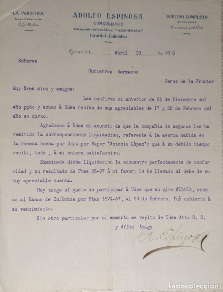 Lettres commerciales: Carta comercial. Adolfo Espinosa. Comerciante. La Industria. Girardot 1915