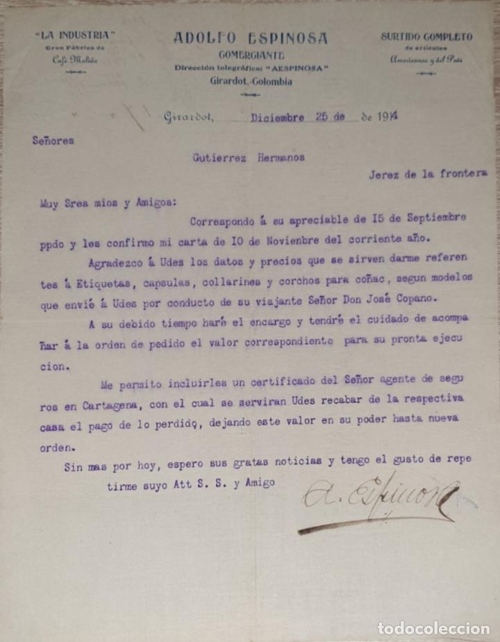 Lettres commerciales: Carta comercial. Adolfo Espinosa. La Industria. Comerciante. Girardot 1914