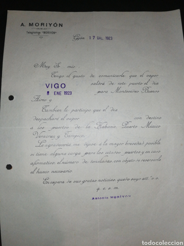 Cartas comerciales: CORRESPONDENCIA CARTA 1923,GIJON,TELEGRAMAS MORIYON.