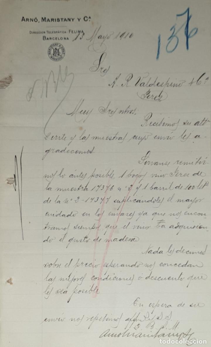 Cartas comerciales: Carta comercial. Arn&oacute;, Maristany y C&ordf;. Barcelona 1910