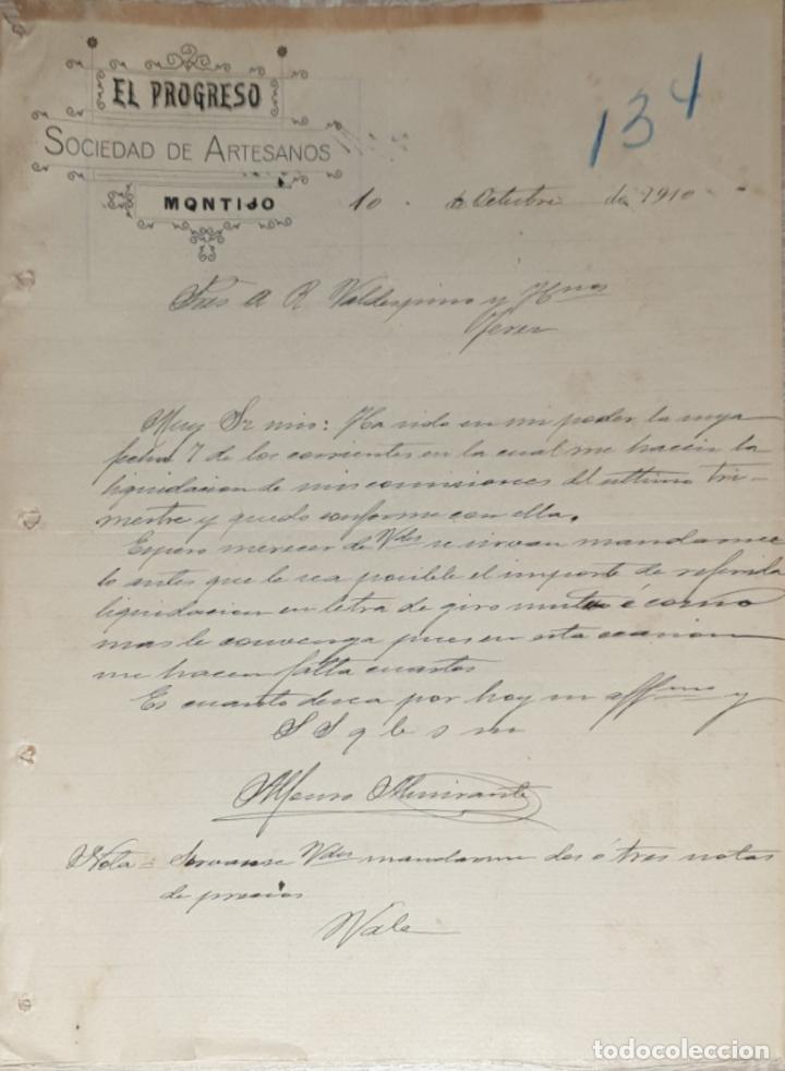 Cartas comerciales: Carta comercial. El Progreso. Sociedad de Artesanos. Montijo 1910