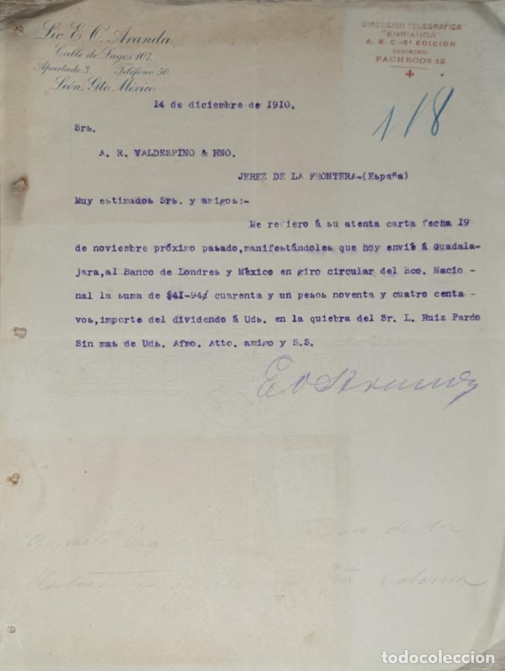 Cartas comerciales: Carta comercial. Lic. E. O. Aranda. Le&oacute;n. M&eacute;xico 1910 - Foto 1