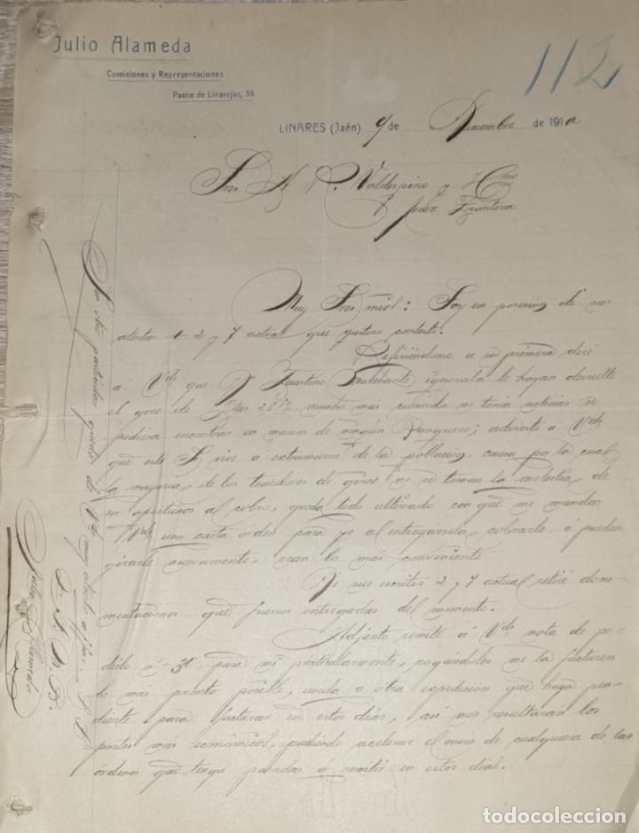 Gesch&auml;ftsbriefe: carta comercial. Julio Alameda. Comisiones  y Representaciones. Linares. Jaen 1910