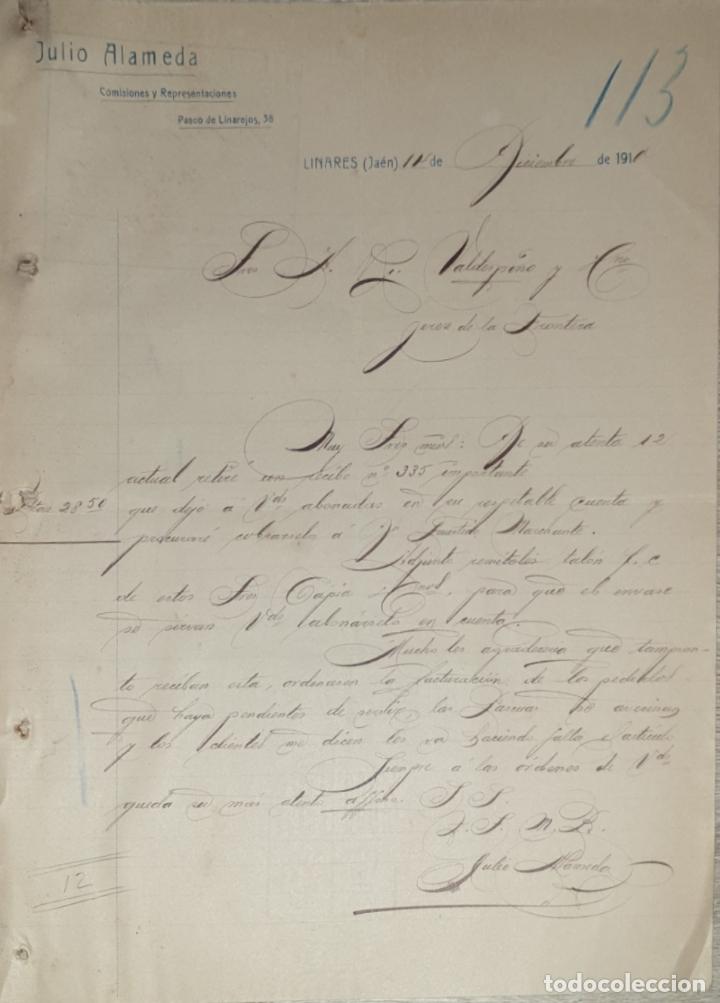 Cartas comerciales: carta comercial. Julio Alameda. Comisiones y Representaciones. Linares. Jaen 1910