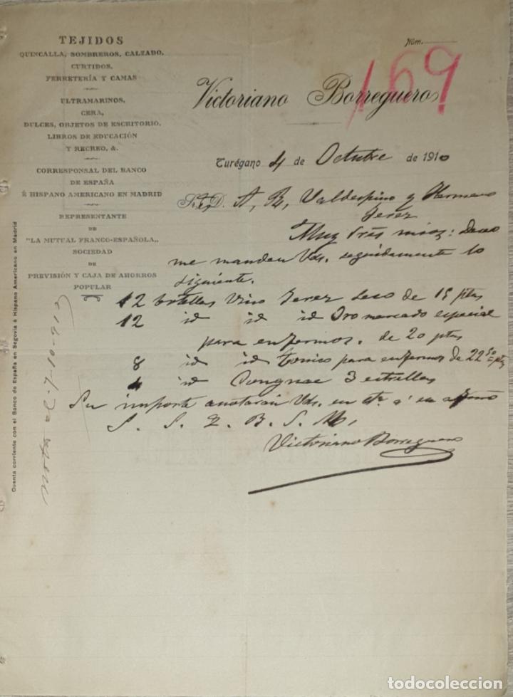 Gesch&auml;ftsbriefe: Carta comercial. Victoriano Borregueros. Tejidos. Tur&eacute;gano 1910