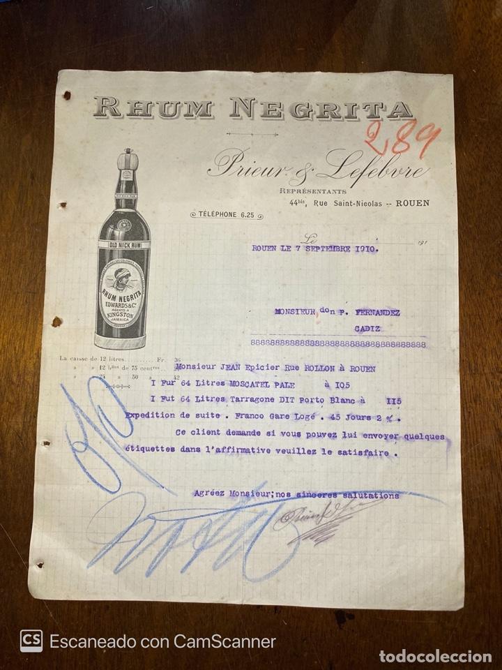 Lettres commerciales: CARTA COMERCIAL. RHUM BEGRITA. PRIEUR & LEFEBRE.ROUEN-FRANCIA, 1910. DIRIGIDA A P. FERNANDEZ. CADIZ