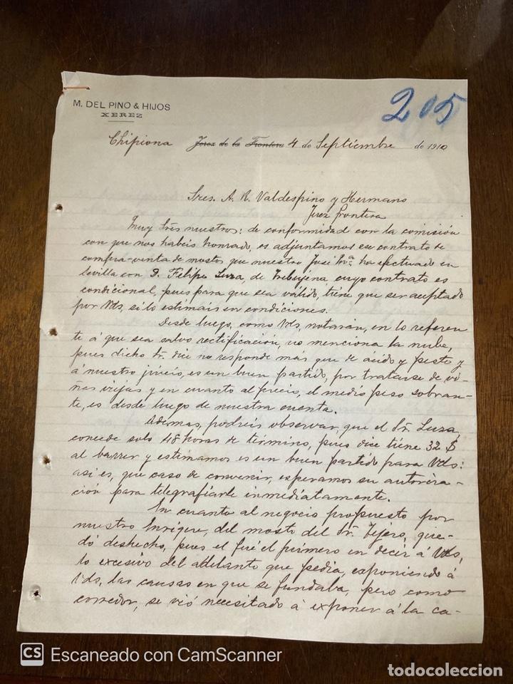 Lettres commerciales: CARTA COMERCIAL. M. DEL PINO & HIJOS. CHIPIONA-CADIZ, 1910. DIRIGIDA A A.R. VALDESPINO & HNO. JEREZ.