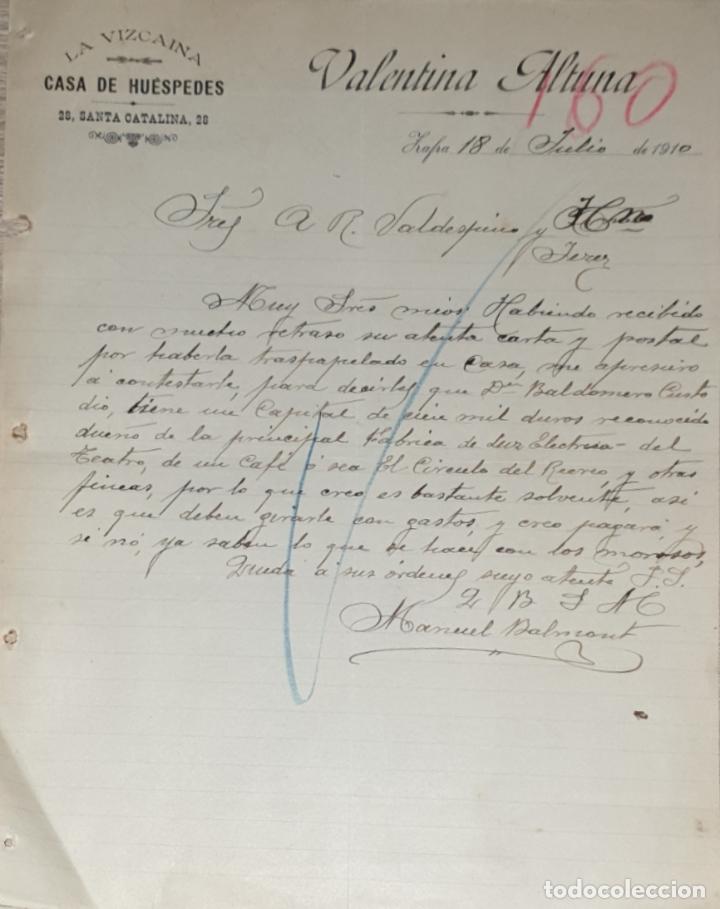 Commercial Letters: Carta comercial. Valentina Altuna. La Vizcaina. Casa de Huespedes. Zafra. Badajoz. Espa&ntilde;a 1910