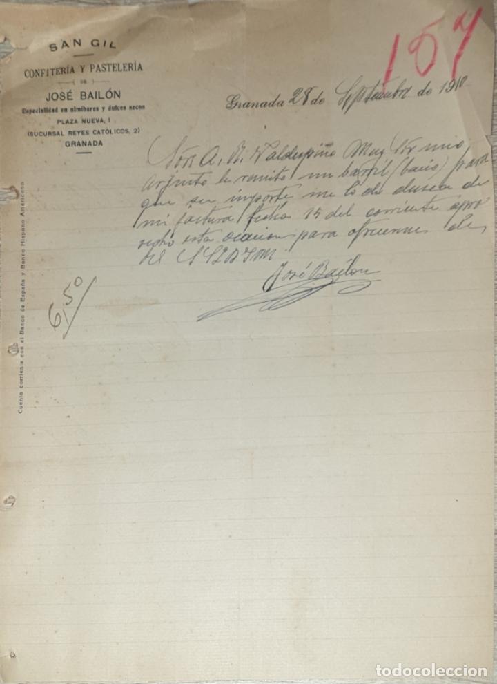 Lettres commerciales: Carta comercial. Jos&eacute; Bail&oacute;n. San Gil. Confiter&iacute;a y Pasteler&iacute;a. Granada. Espa&ntilde;a 1910