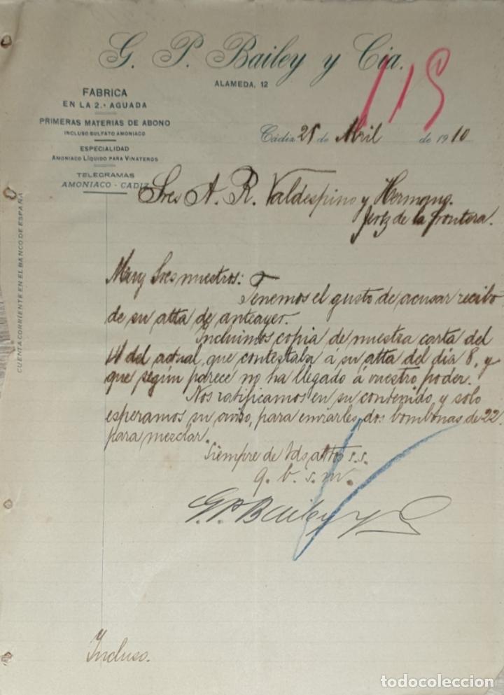 Lettres commerciales: Carta comercial. G.P. Bailey y C&iacute;a. F&aacute;brica. C&aacute;diz. Espa&ntilde;a 1910