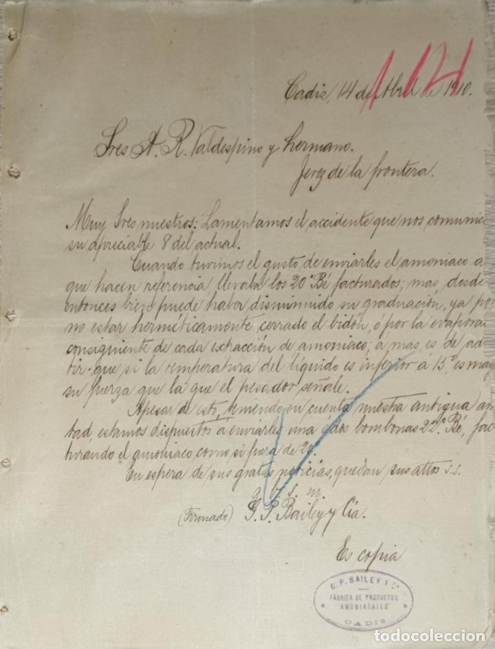 Lettres commerciales: Carta comercial. G. P. Bailey y C&ordf;. F&aacute;brica de productos amoniacales. C&aacute;diz. Espa&ntilde;a 1910
