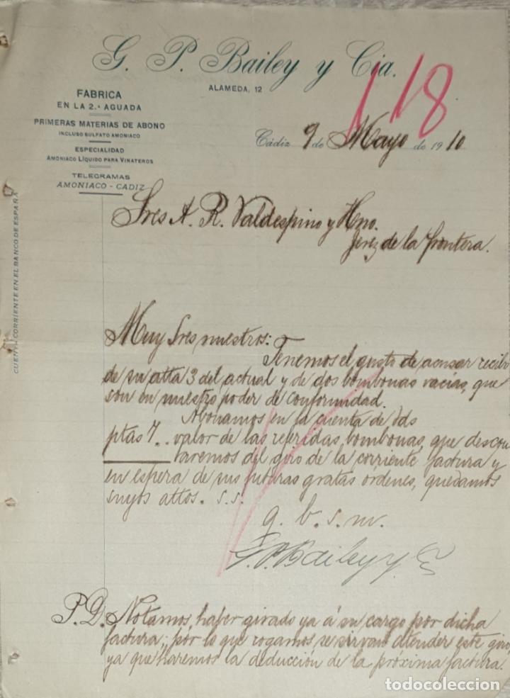 Lettres commerciales: Carta comercial. G. P. Bailey y C&iacute;a. F&aacute;brica de productos amoniacales. C&aacute;diz. Espa&ntilde;a 1910