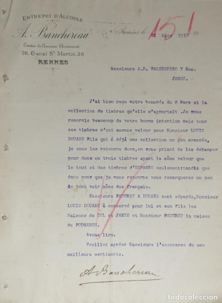 Lettres commerciales: Carta comercial. A. Banchereau. Entrepot D&acute;Alcools. Rennes. Francia 1910