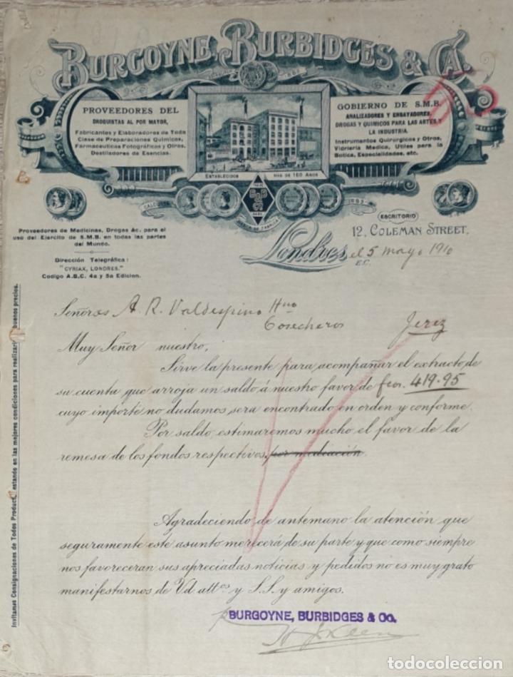 Lettres commerciales: Carta comercial. Burgoyne Burbidges & C&ordf;. Droguistas al por mayor. Londres 1910