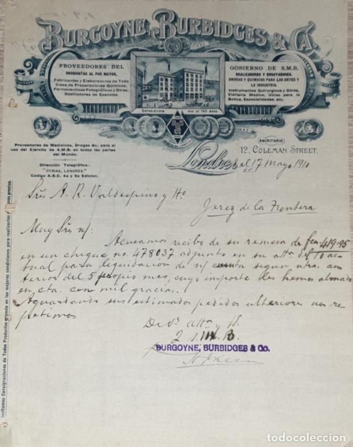 Lettres commerciales: Carta comercial. Burgoyne Burbidges & C&ordf;. Droguistas al por mayor. Londres 1910