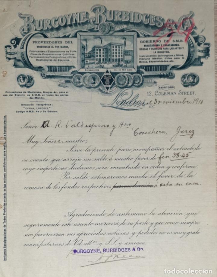 Lettres commerciales: Carta comercial. Burgoyne Burbidges & C&ordf;. Droguistas al por mayor. Londres 1910