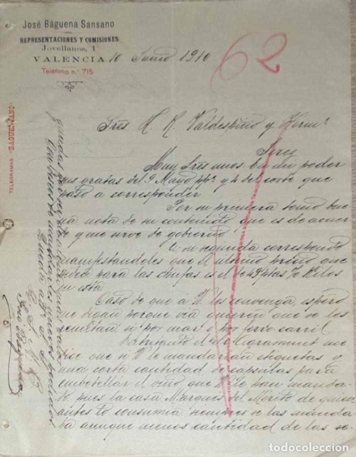 Lettres commerciales: Carta comercial. Jos&eacute; B&aacute;guena Sansano. Representaciones y Comisiones. Valencia. Espa&ntilde;a 1910