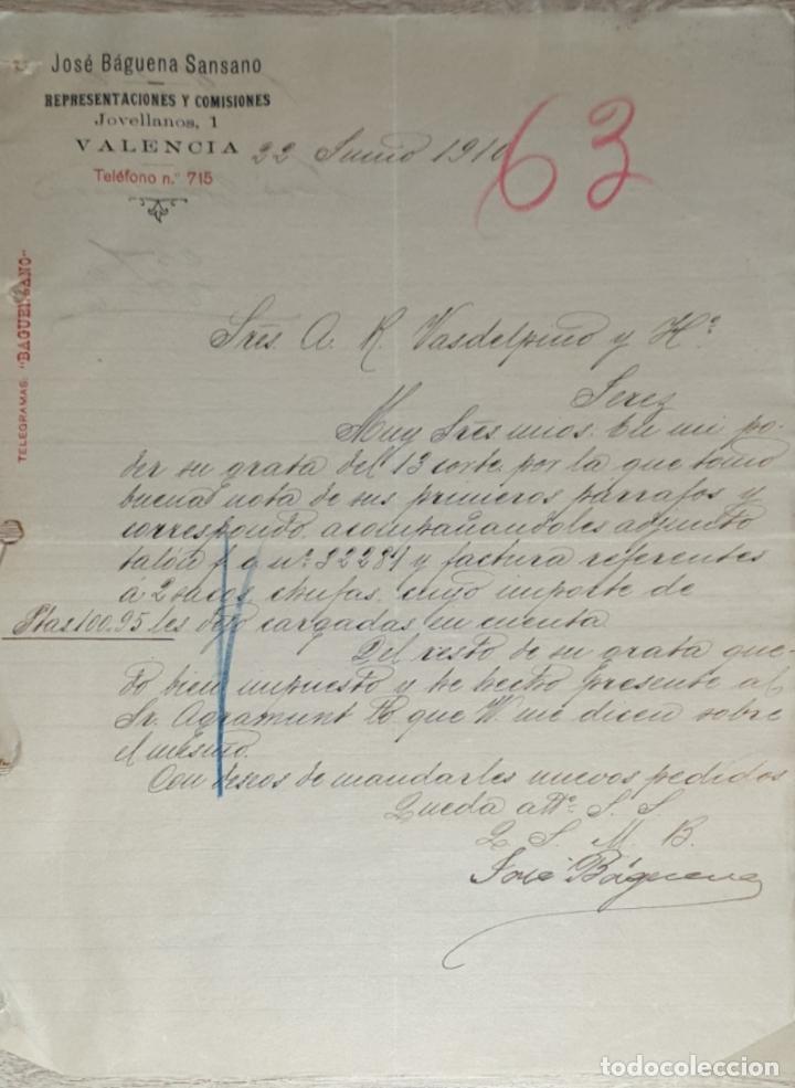 Lettres commerciales: Carta comercial. Jos&eacute; B&aacute;guena Sansano. Representaciones y Comisiones. Valencia. Espa&ntilde;a 1910