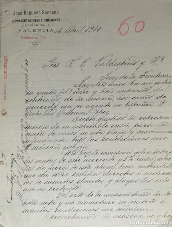 Lettres commerciales: Carta comercial. Jos&eacute; B&aacute;guena Sansano. Representaciones y Comisiones. Valencia. Espa&ntilde;a 1910