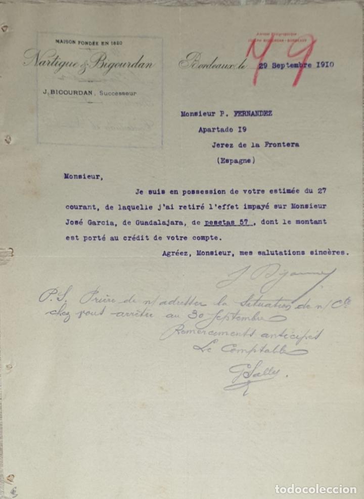 Lettres commerciales: Carta comercial. Nartigue & Bigourdan. Bordeaux. Francia 1910