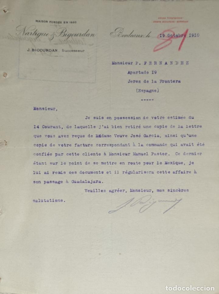 Lettres commerciales: Carta comercial. Nartigue & Bigourdan. Bordeaux. Francia 1910