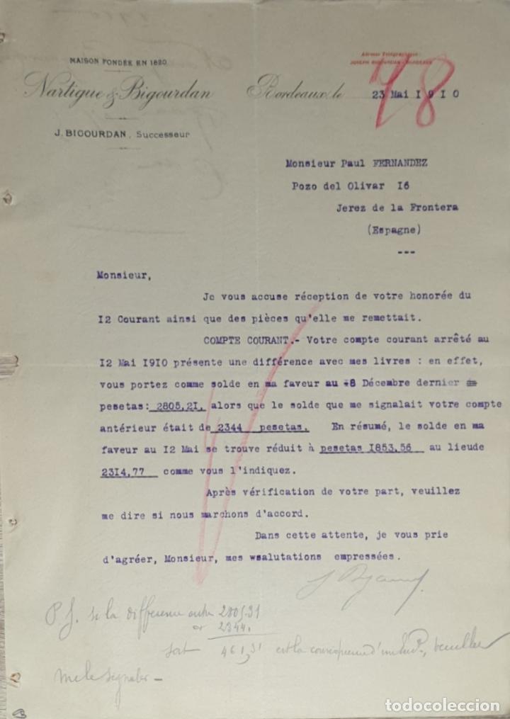 Lettres commerciales: Carta comercial. Nartigue & Bigourdan. Bordeaux. Francia 1910