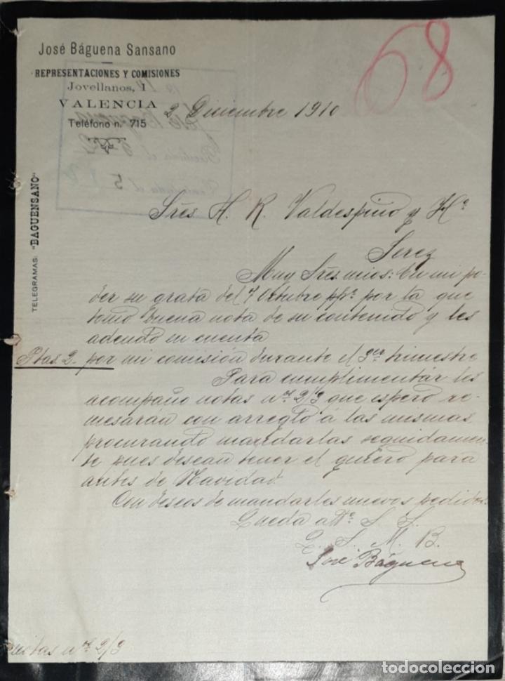 Lettres commerciales: Carta comercial. Jos&eacute; B&aacute;guena Sansano. Representaciones y Comisiones. Valencia. Espa&ntilde;a 1910