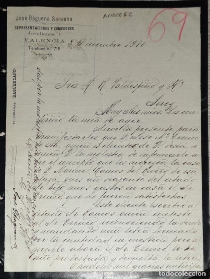 Lettres commerciales: Carta comercial. Jos&eacute; B&aacute;guena Sansano. Representaciones y Comisiones. Valencia. Espa&ntilde;a 1910