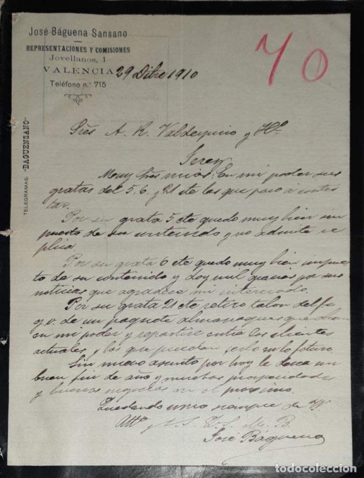 Lettres commerciales: Carta comercial. Jos&eacute; B&aacute;guena Sansano. Representaciones y Comisiones. Valencia. Espa&ntilde;a 1910