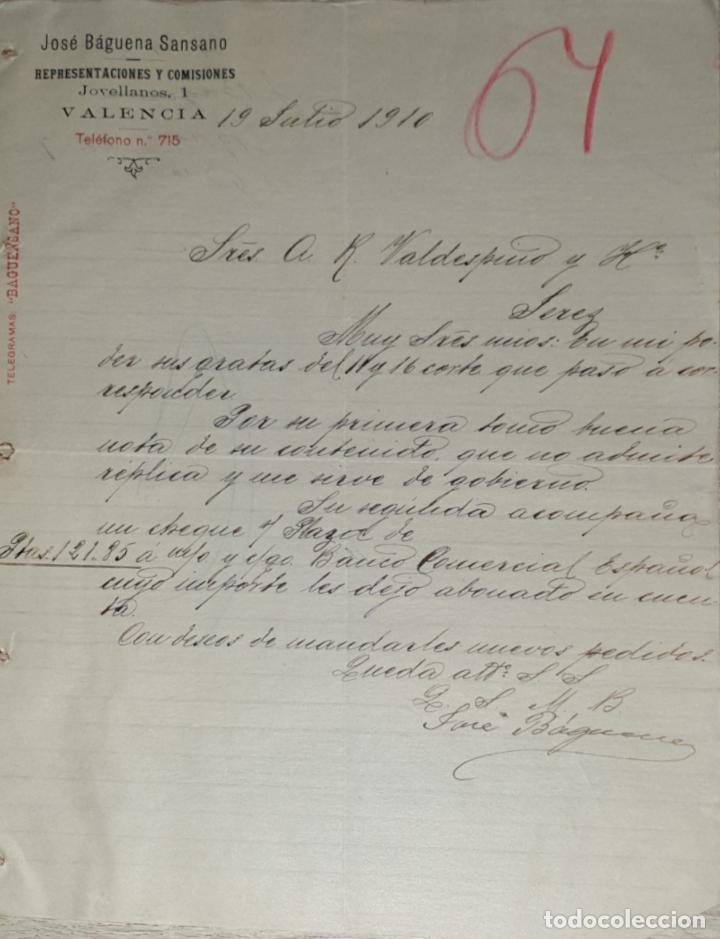 Lettres commerciales: Carta comercial. Jos&eacute; B&aacute;guena Sansano. Representaciones y Comisiones. Valencia. Espa&ntilde;a 1910