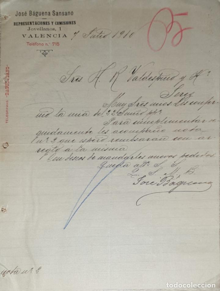 Lettres commerciales: Carta comercial. Jos&eacute; B&aacute;guena Sansano. Representaciones y Comisiones. Valencia. Espa&ntilde;a 1910